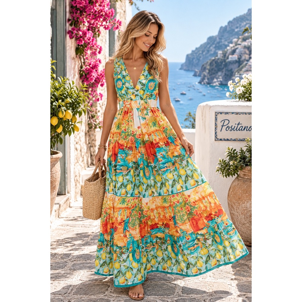Antica Sartoria Giacomo Cinque Lemon Print Tiered Maxi Dress Cotton One Size NWT